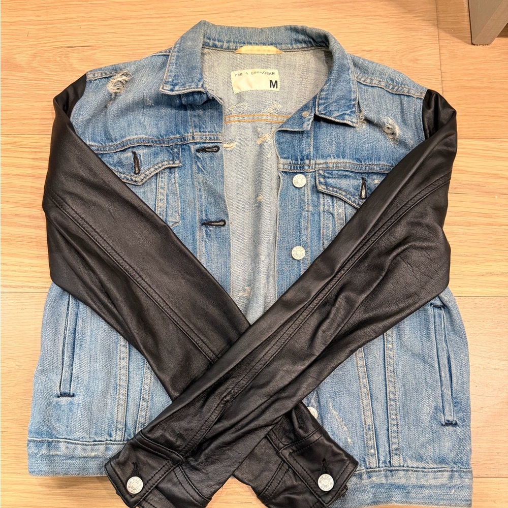 rag & bone Blue Denim Jacket with Black Leather Sleeves